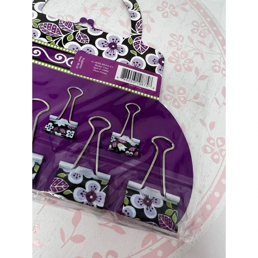 VERA BRADLEY Binder Clips Plum Petals Retired Floral Office Supplies Set of 8